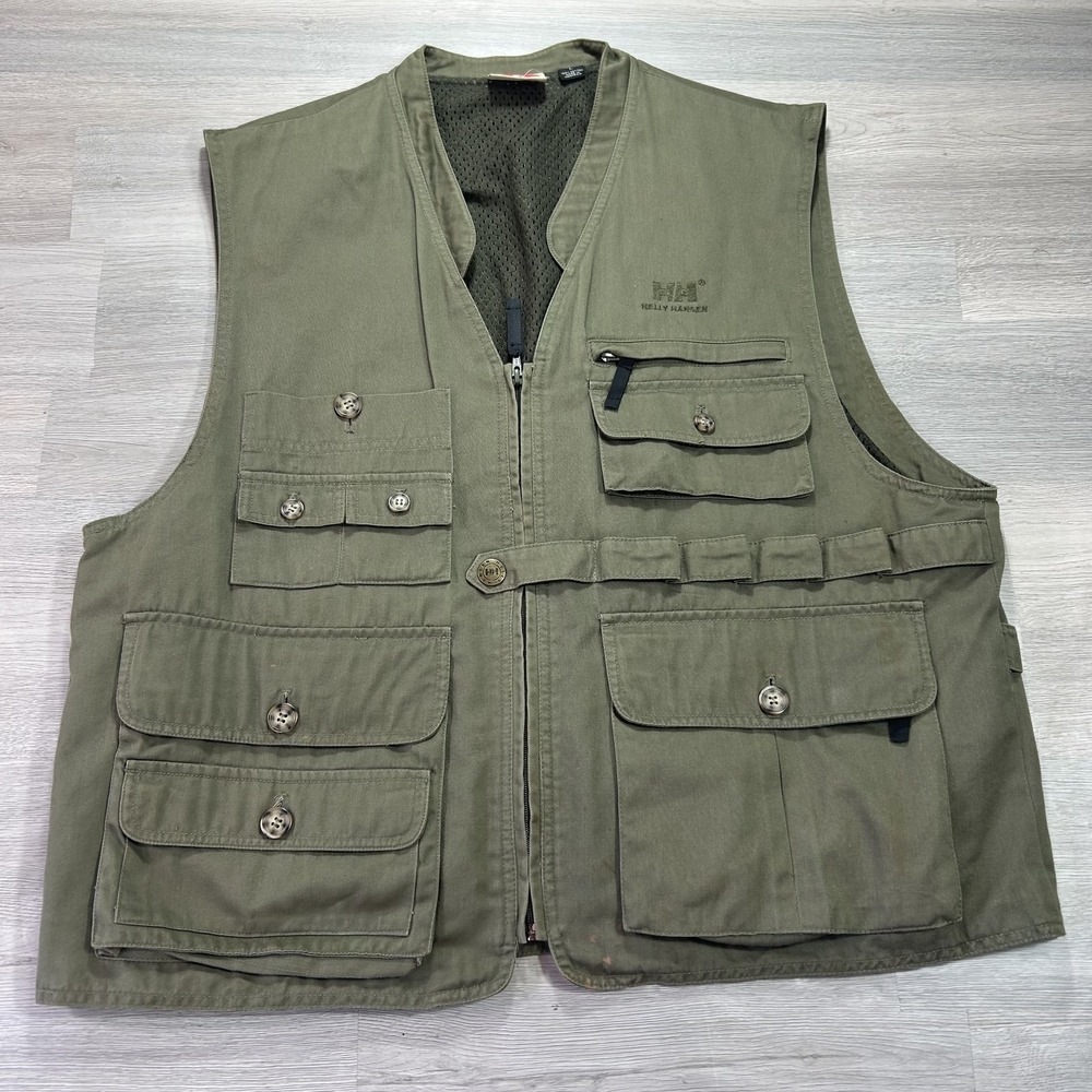 Helly Hansen Vest Mens Large Green Utility Full Zip Pockets Outdoor Hiking